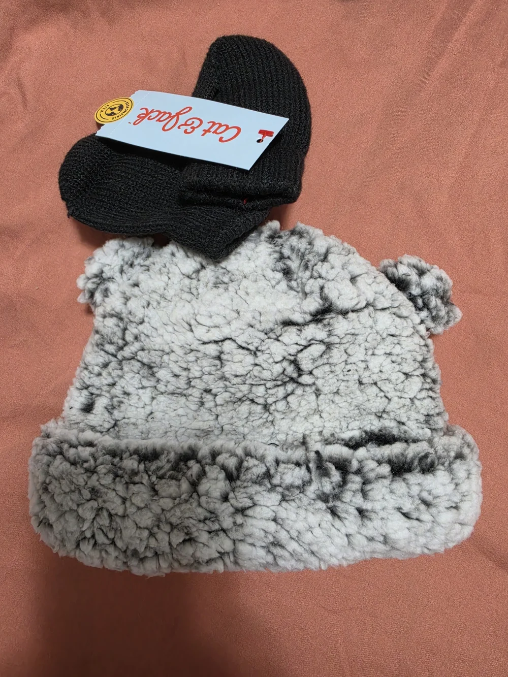 Cat & Jack Newborn Winter Kids Gray Faux Sherpa Beanie with Black Knit Mittens